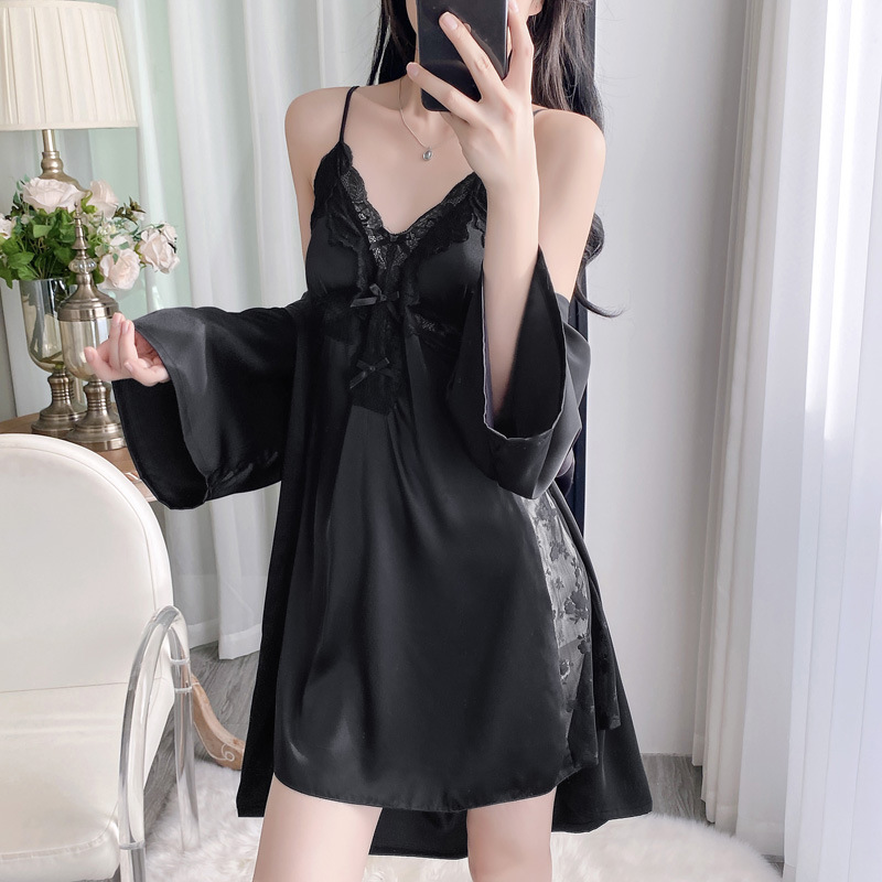 Robe Silk Women - 2-teiliges V-Ausschnitt Bademantel-Set für Damen, Spitzenrobe,