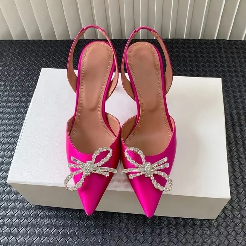 Slip Dress Satin - Kristall Bogen-knoten Dünne Heels Sandalen Spitz